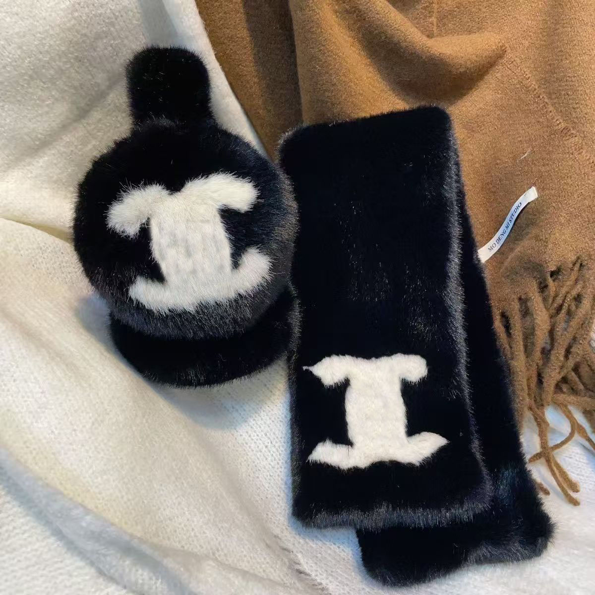 CH Black Ear Muffs And Scarf Set High Quality C Fur Ear Muffs For Women And Men