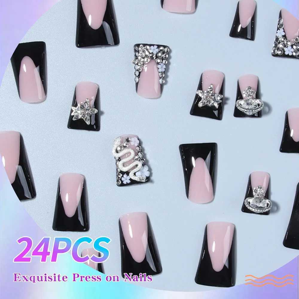 24 short square nail tips. 3D snake shaped diamond. Black duckfoot shaped French full stick covered nail art. W250410