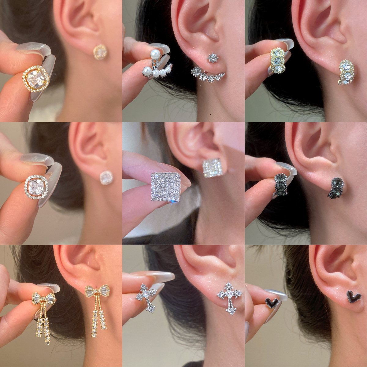 Earrings with a Sense of Sophistication, Simple Geometric Square Studs, Fashionable Earrings, Light Dia-Encrusted Sugar Cube Studs for Women