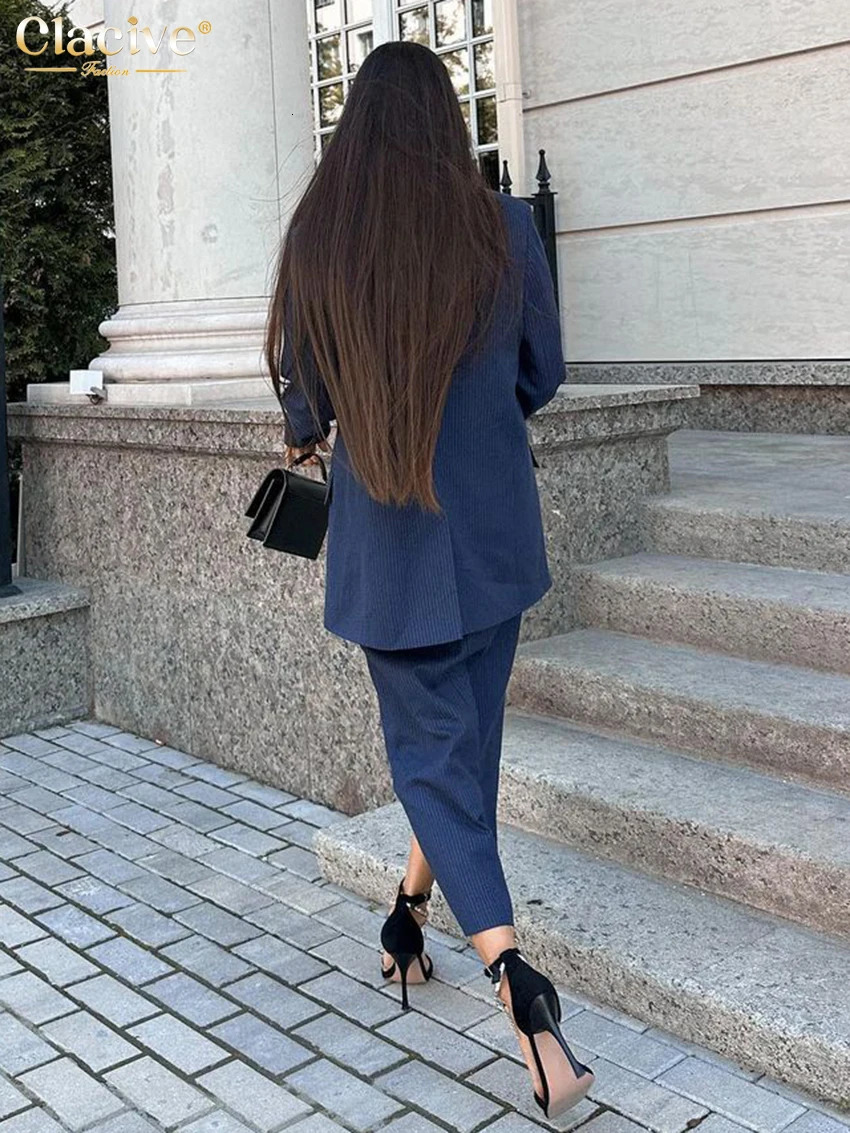 Clacive Fashion Loose Blue Stripe Womens Two Pieces Set 2025 Elegant Long Sleeve Blazer With High Waist Slit Long Skirt Set 250409