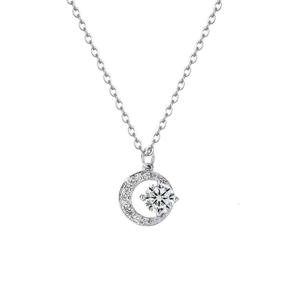 S999 Sterling Silver Crescent Shining Zircon Moissanite Moon Pendant Necklaces for Women Jewelry Accessories YB-XY-465