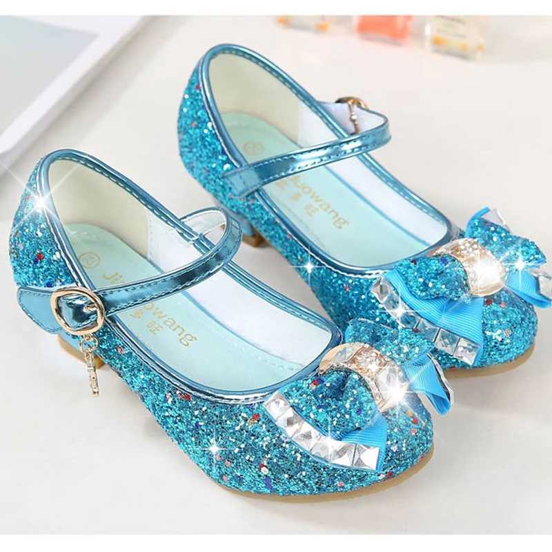 Princess childrens leather shoes girls flower casual flash childrens high heels girls shoes bow blue pink silver Z250410