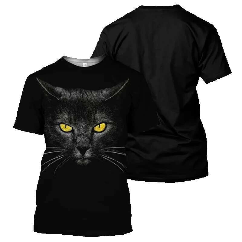 Men's short sleeved round neck T-shirt, unisex casual clothing, 3D black cat pattern print