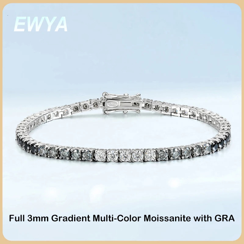 EWYA m 0.1CT Gradient Color Black Grey White Diamond Tennis Bracelet for Men Women Unisex 925 Silver Link Bracelets 250408