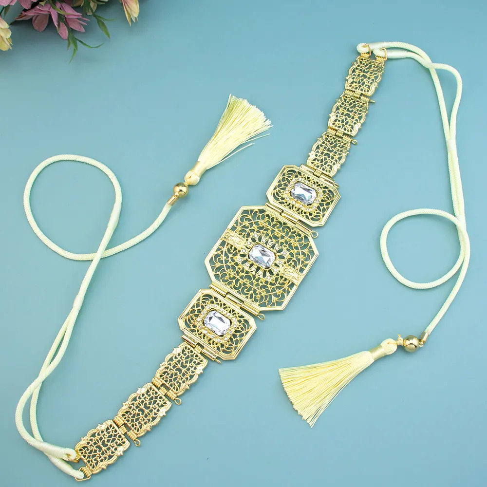 Sunspicems Gold Color Morocco Caftan Belt Hand Rope Chain Tassels Arabic Women Wedding Jewelry Bridal Dress Charm Waist Bijoux 250409
