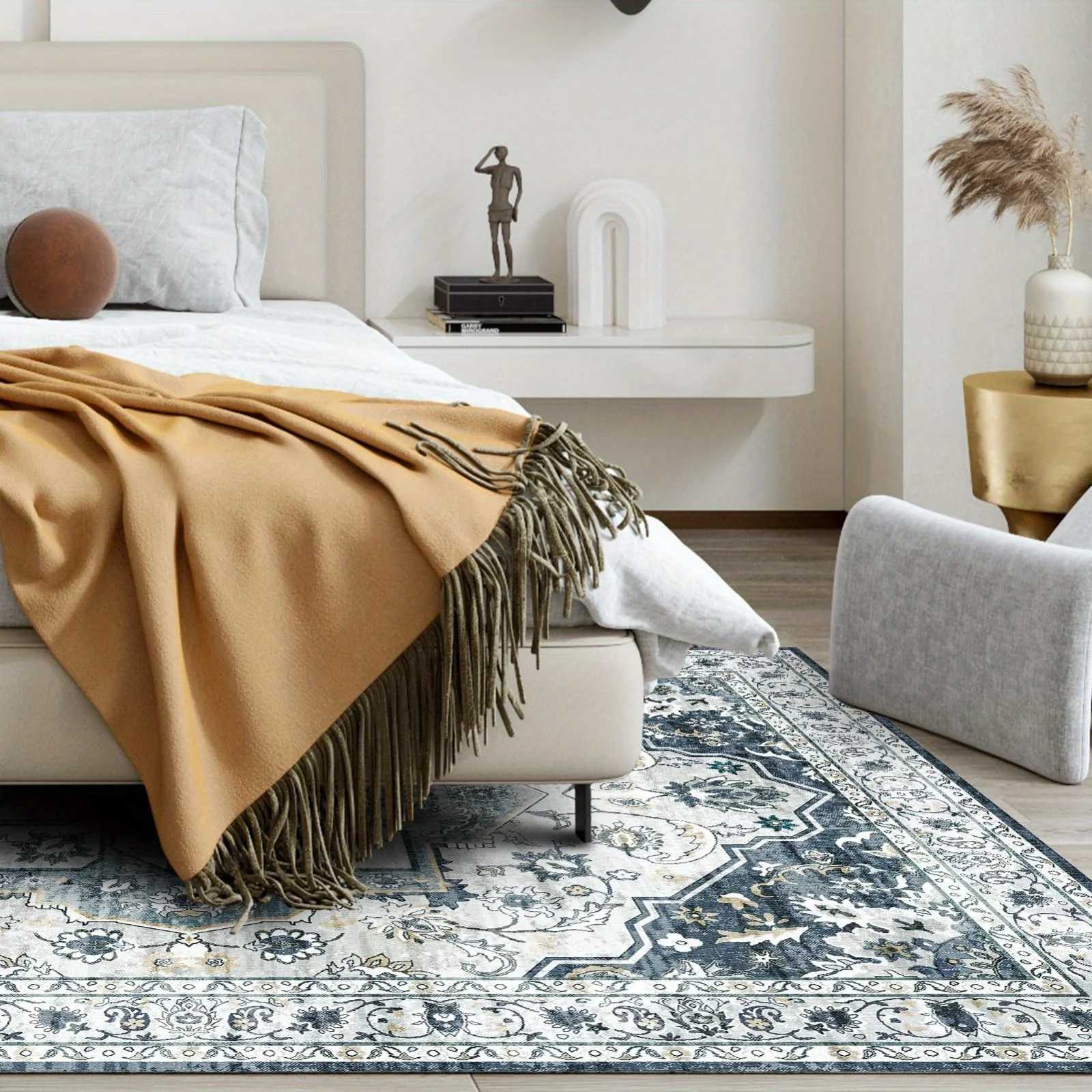 1 Pc Washable Rug Vintage Medallion Area Rug with Non-Slip Backing Non-Shedding Floor Mat for Living Room Bedroom Kitchen Laund Y251110