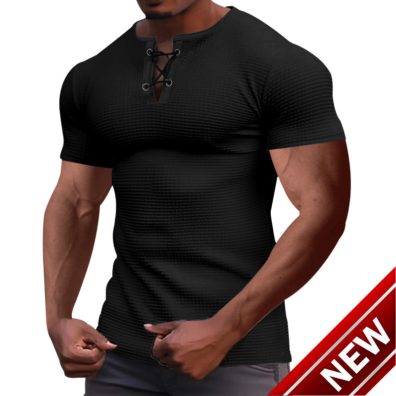 2025 summer sports fashion slim fit breathable mens short sleeved t-shirt mens tied rope Henley shirt