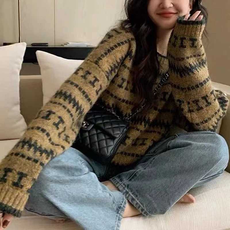 Fashion Women Pullovers Aztec Jacquard Knit Jumper Vintage Cozy Grandpa Sweater Aesthetic Winter Outfit Y251110