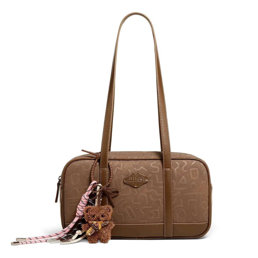 AII Brown Bowg For Women Retro Emed Commuter Zipper Handbag With Cute Pendent Valentine Gift Ladies Shoulder Bag