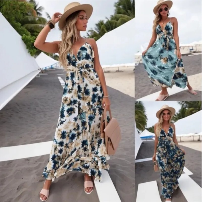 Fashionable new hot selling women's high waisted printed suspender dress with large swing