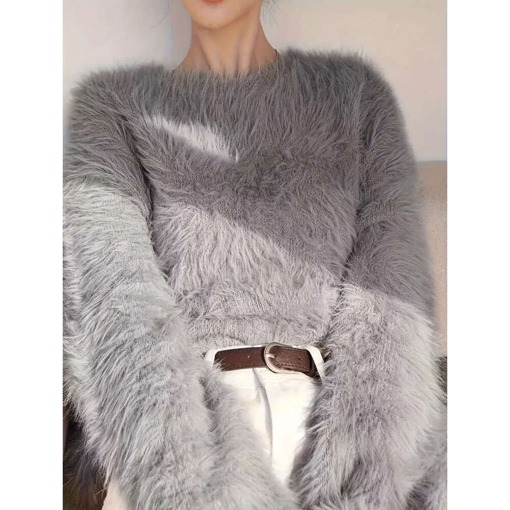 Autumn Winter Thickened Imitation Mink Velvet Women, Export Cross-Border Solid Color Versatile Round Neck Fuzzy Pullover Knitted Sweater for Women