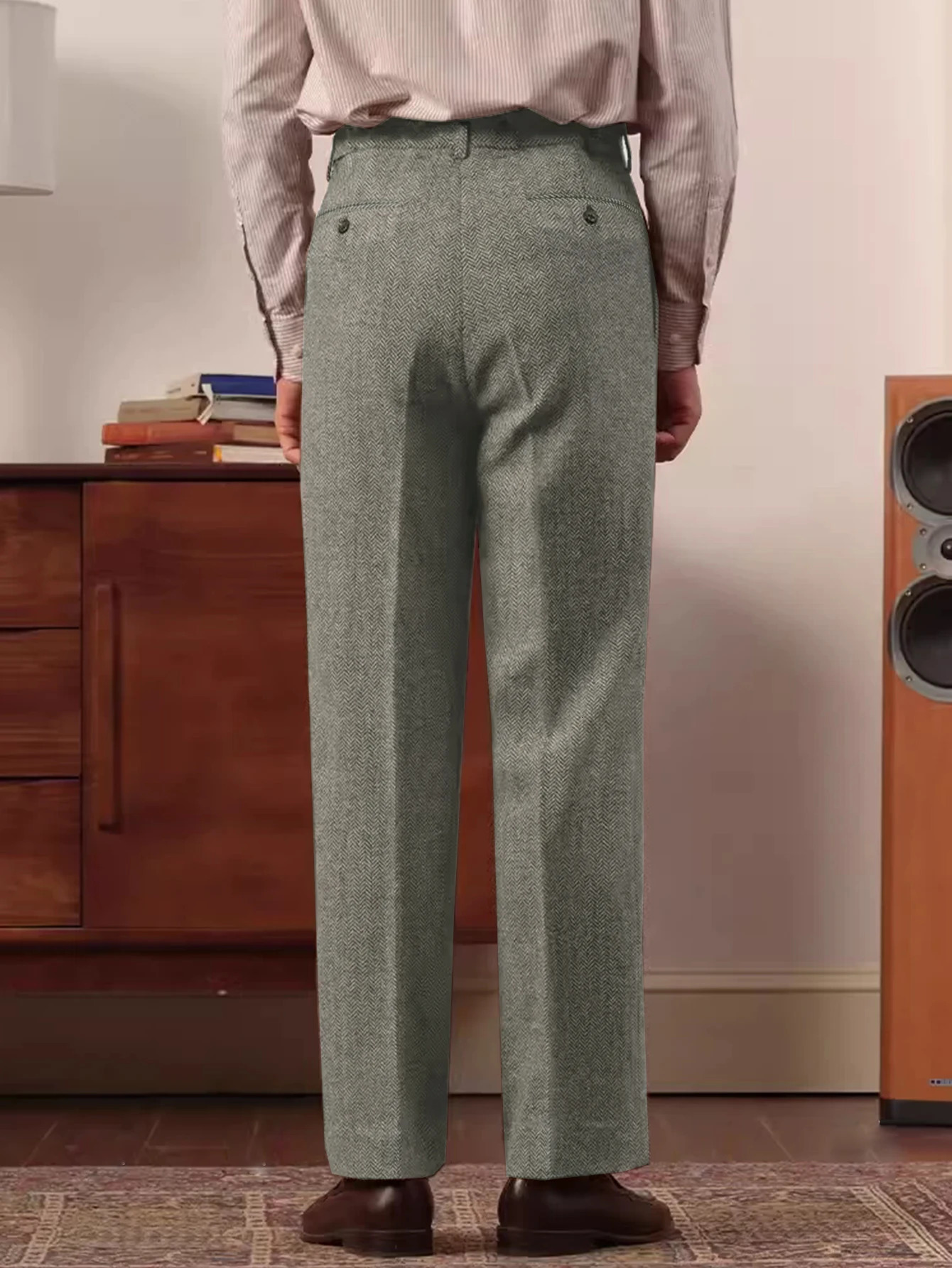 Fall Winter Elegant Italian Neapolitan Tweed Fabric Mens High Waist Straight Leg Suit Pants with Button Pleats And Check Pa 251110