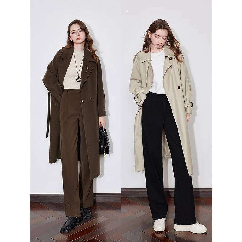 TOYOUTH Women Casual 2025 Autumn And Winter New Mid Waist Workwear Style Straight Woolen Pants