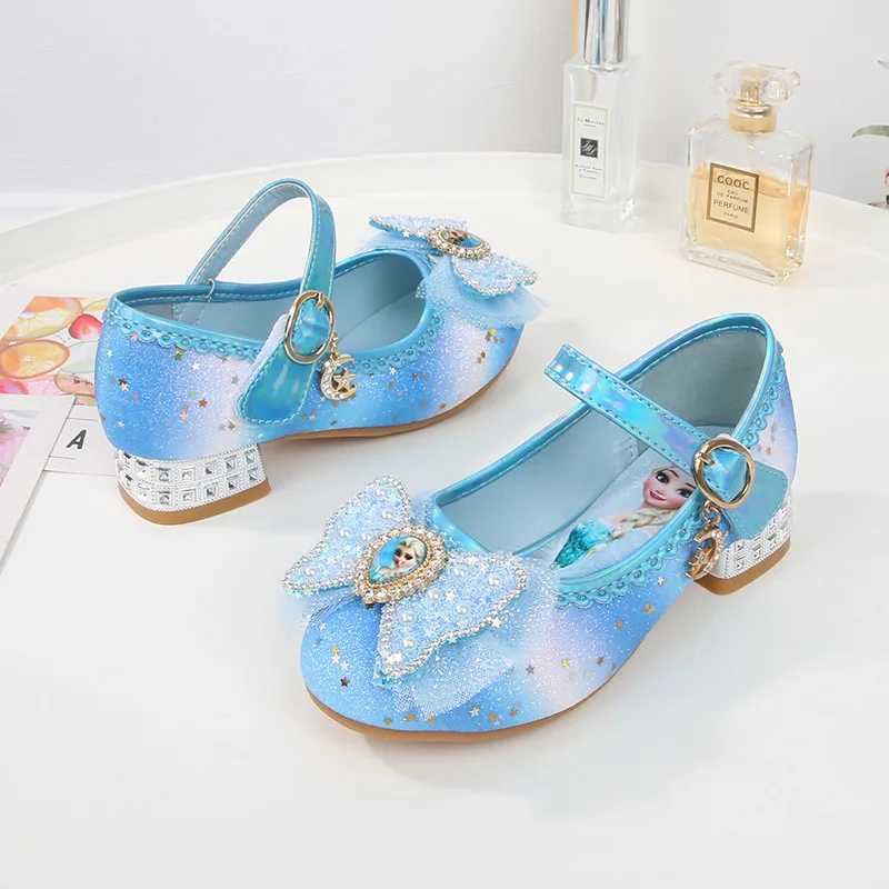Womens tight shoes childrens high heels princess Elsa girl sparkling rainbow crystal leather pink blue shoes size 23-36 Z250410