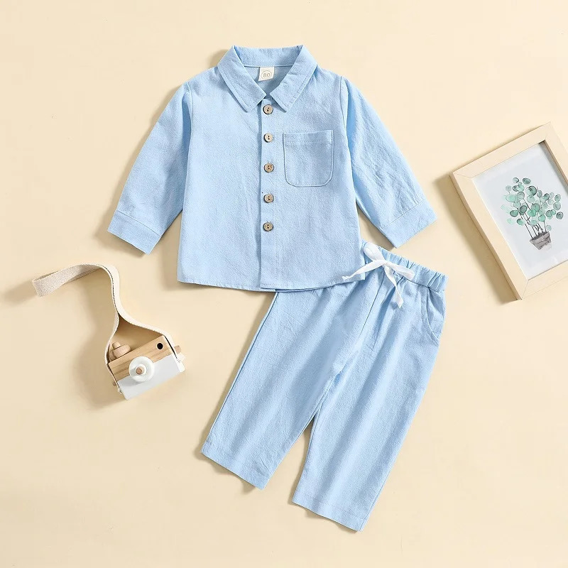 Baby boys and girls linen cotton clothing set for spring and autumn baby sleepwear long sleeved baby clothing 1-5Y 250409