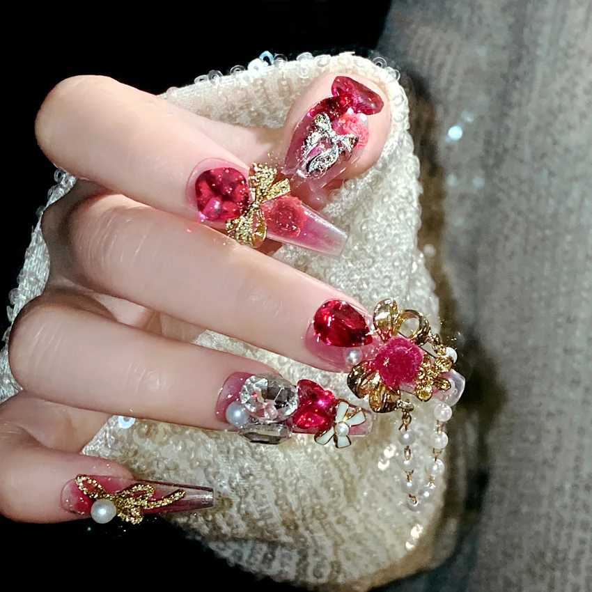 24pcs Heavy duty Metal Red Crystal Design Fake Nail 3D Gold Bow Pearl Decoration Bridal Fake Nail Tip Full Cover Diamond Press Nail W250410