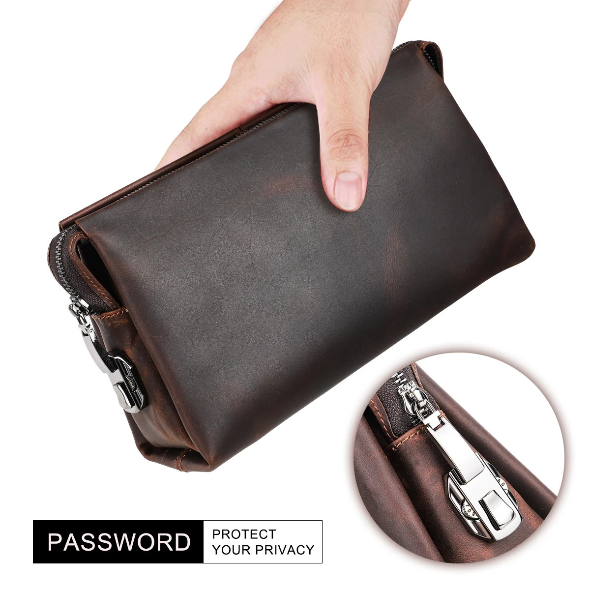 CONTACTS Genuine Leather Clutch Bags for Men Customize Wallet Password Lock n Male Handbag Name Engraving Gift 251110