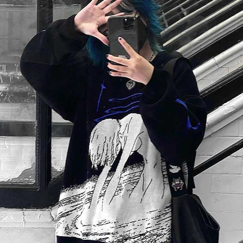 Fashion 2000s Fashion Hip-Hop Cartoon Retro Comfortable Loose Harajuku Gothic Street Wear Long Sleeved Knitted Pullover Women Sweater Y251110