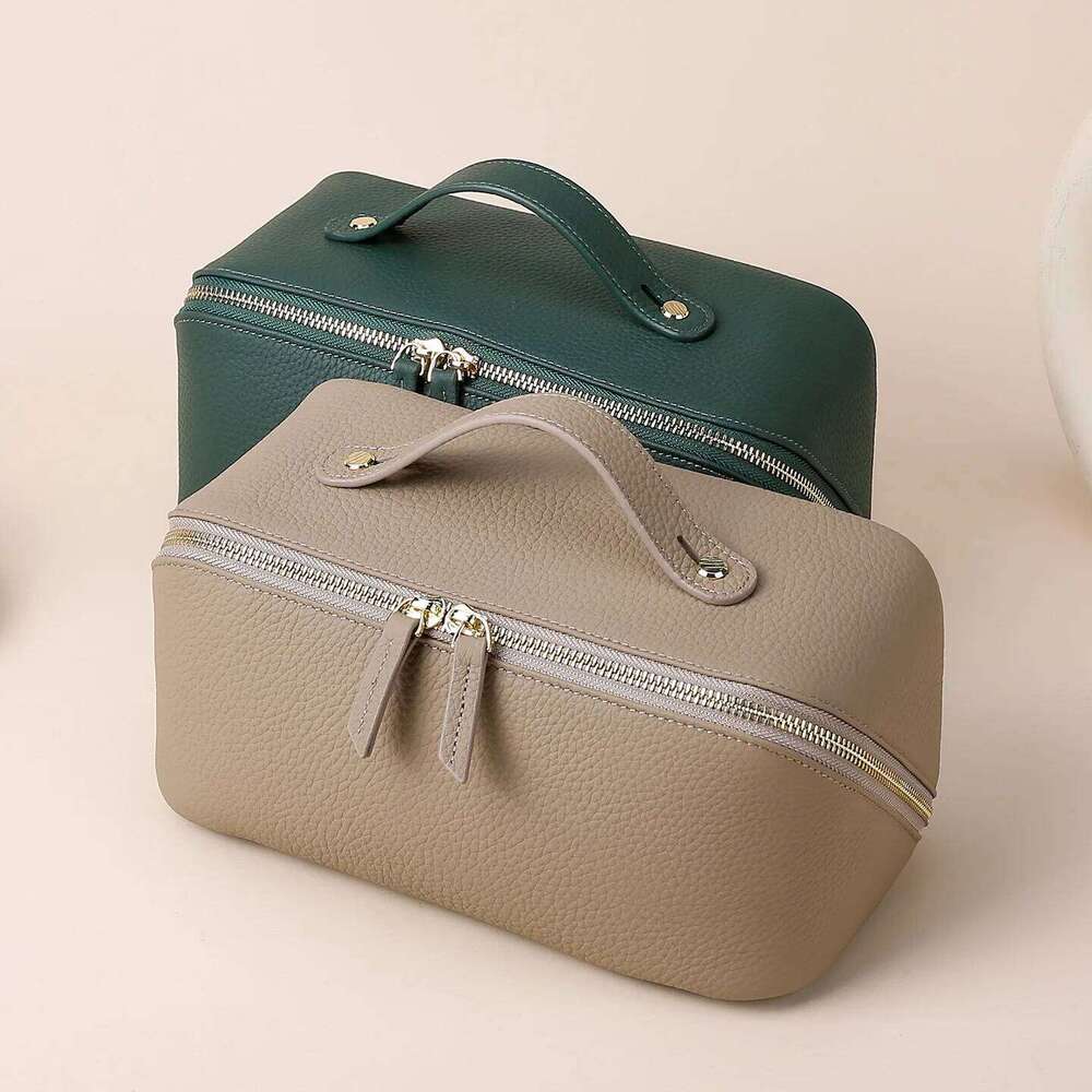 Cow Leather Makeup Travel Storage Large Capacity Multi-Compartment Toiletry Free Initials Women's Cosmetic Bag 251110
