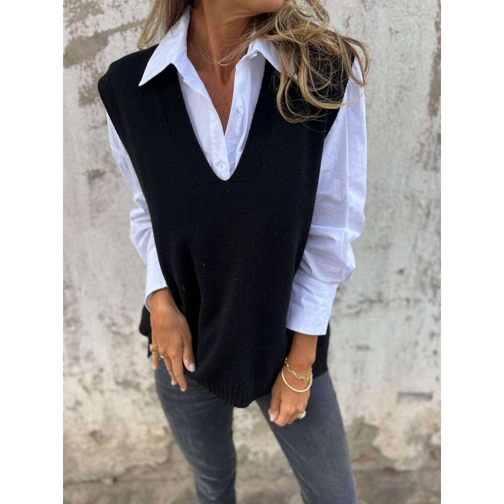 Cross-Border Autumn and Winter Casual V-Neck Knitted Solid Color Sweater Versatile Basic Vest
