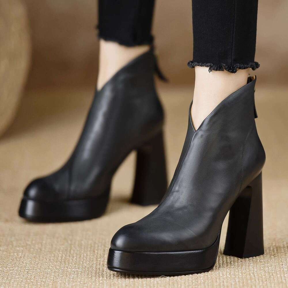 Woman Sandals Brown Leather High End Pointed Scalp With Sole Short Boots Super High Heels Thick Heel Back Zipper Fashion Boots For Women