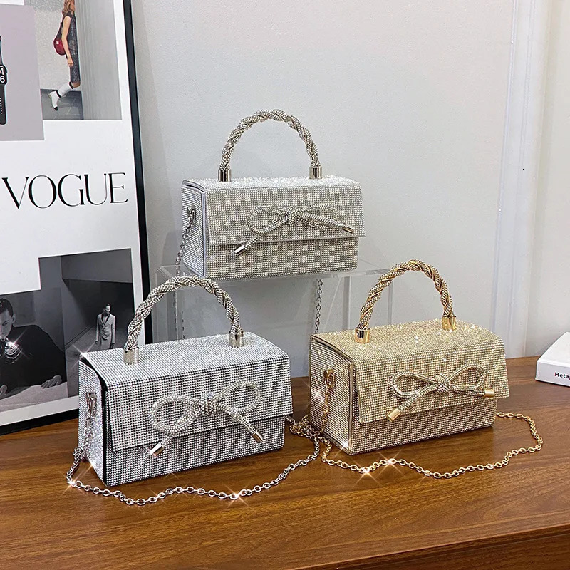 2025 Women Wedding Square Box Full Diamond Handbags High-end Rhinestone Bow Evening Clutch Bag Shiny Crossbody Bag R251110