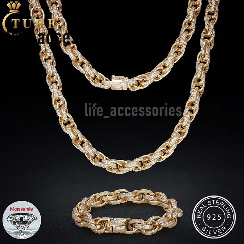 New Design Bling Rapper Jewelry Hip Hop Men 10mm 925 Sterling Silver VVS Baguette Moissanite Diamond Iced Out Twist Rope Chain