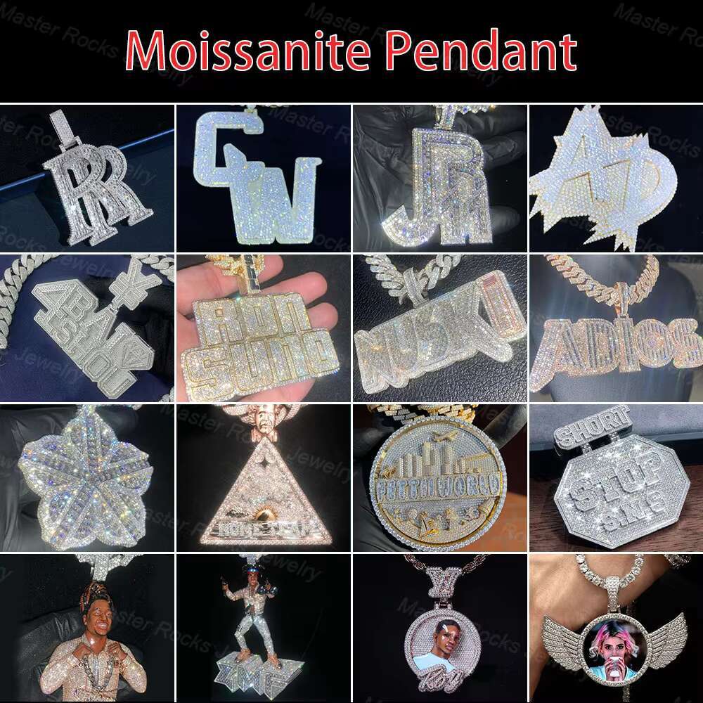 Vvs Iced Out Moissanite Pendant Custom Heart Baguette Hiphop Charm 925 Silver Moissanite Pendant