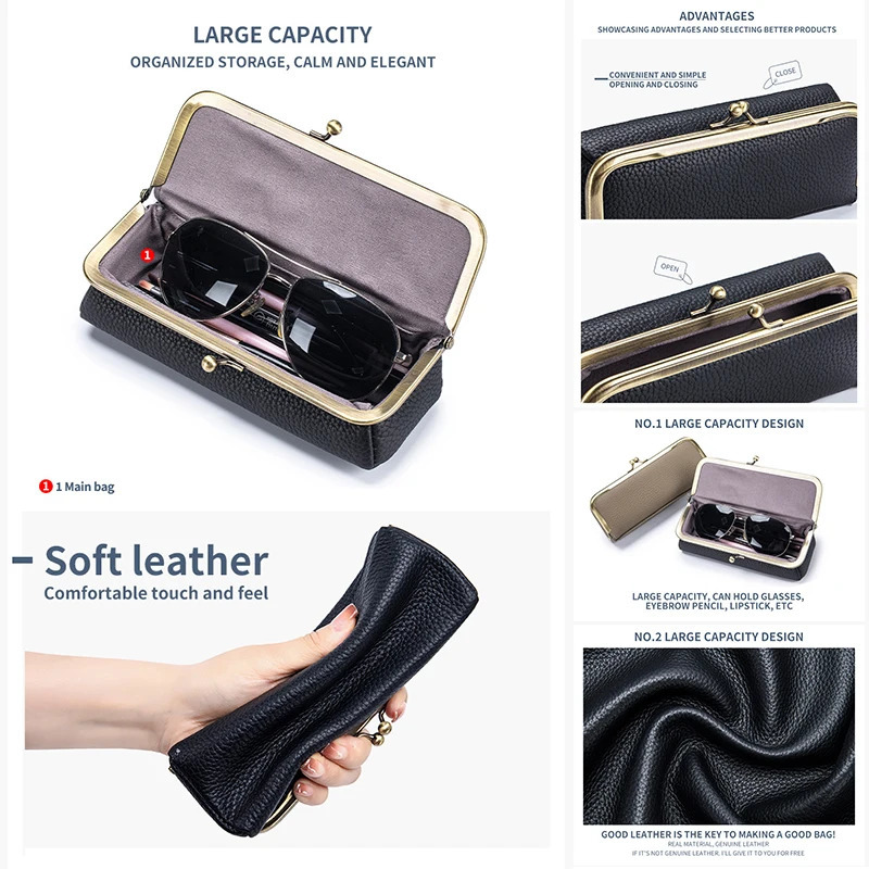 Leather glasses case fashionable pencil case with kiss lock coin wallet womens travel sunglasses case eyebrow pencil case 250409
