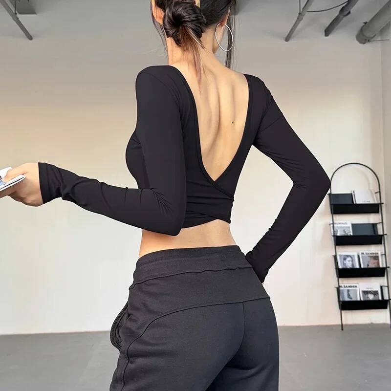 All-in-one deep V open back sexy sports top running training yoga wear fit slim casual fitness long sleeves