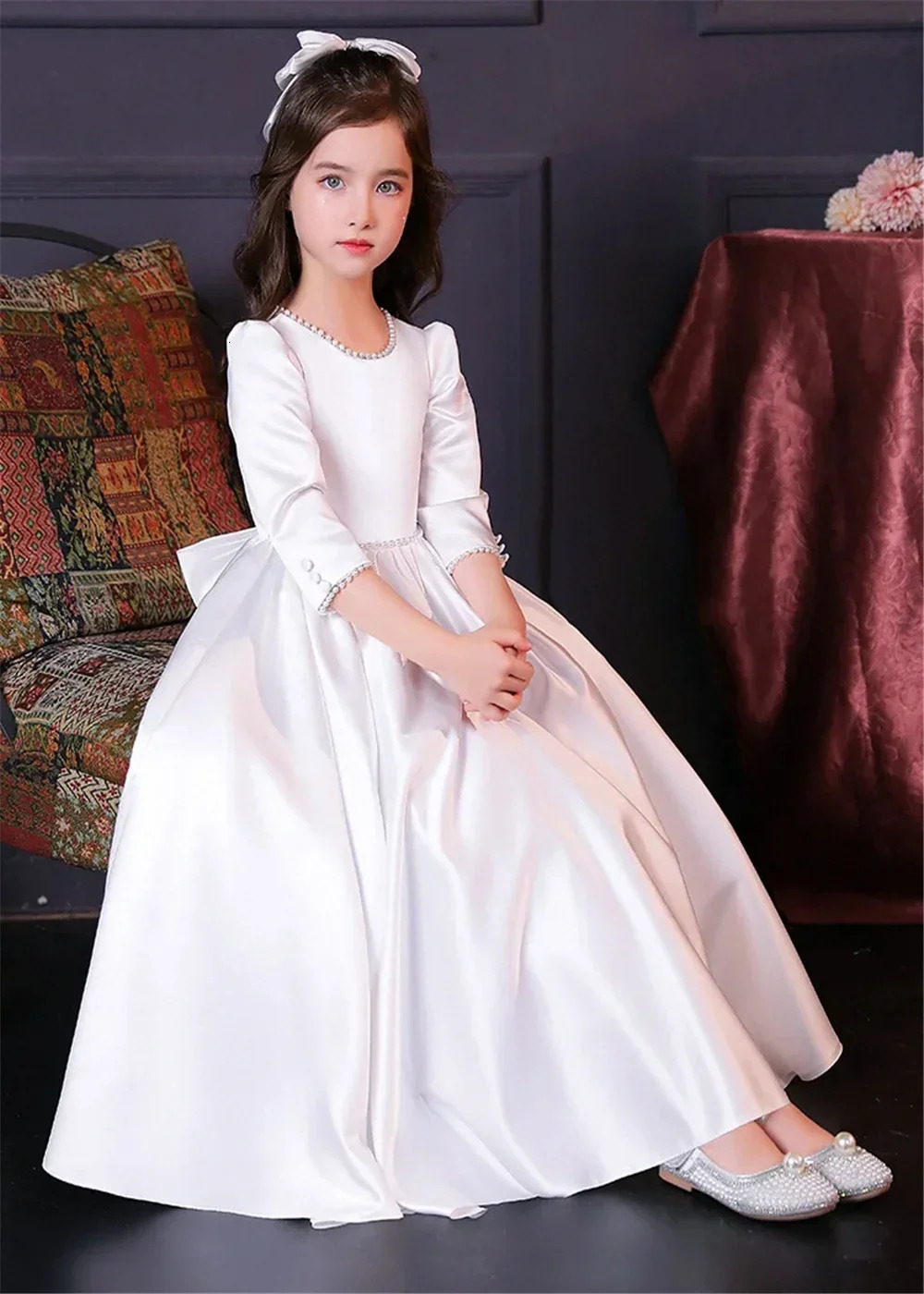 Cute white satin flower girl wedding dress princess bow childrens birthday party evening custom dress 250403