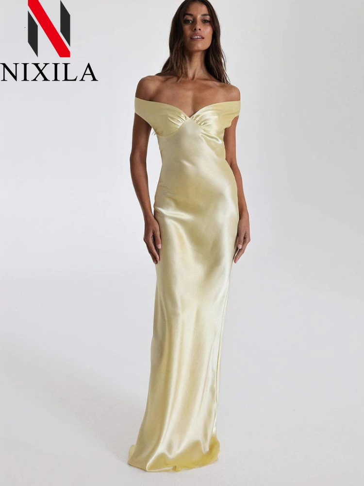 summer satin bow backless sexy womens long skirt fashionable V-neck sleeveless club party evening gown elegant clothing 250403