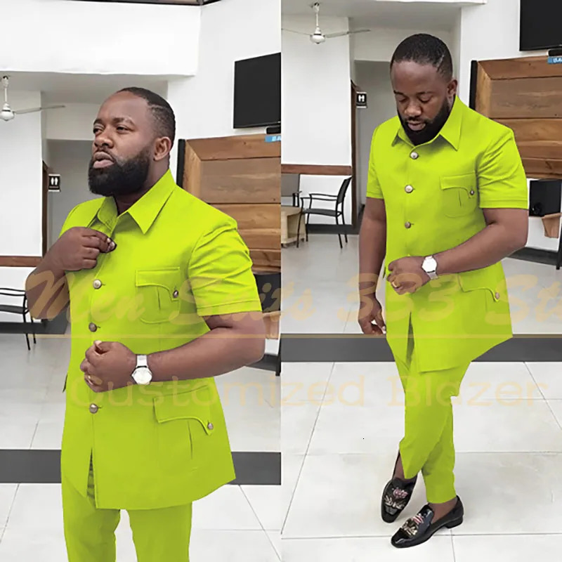 Summer Mens Suits Solid Color Short Sleeve Single Breasted Stand Lapel Casual Outfits 2 Piece Jacket Pants Set Slim Fit Terno 250409