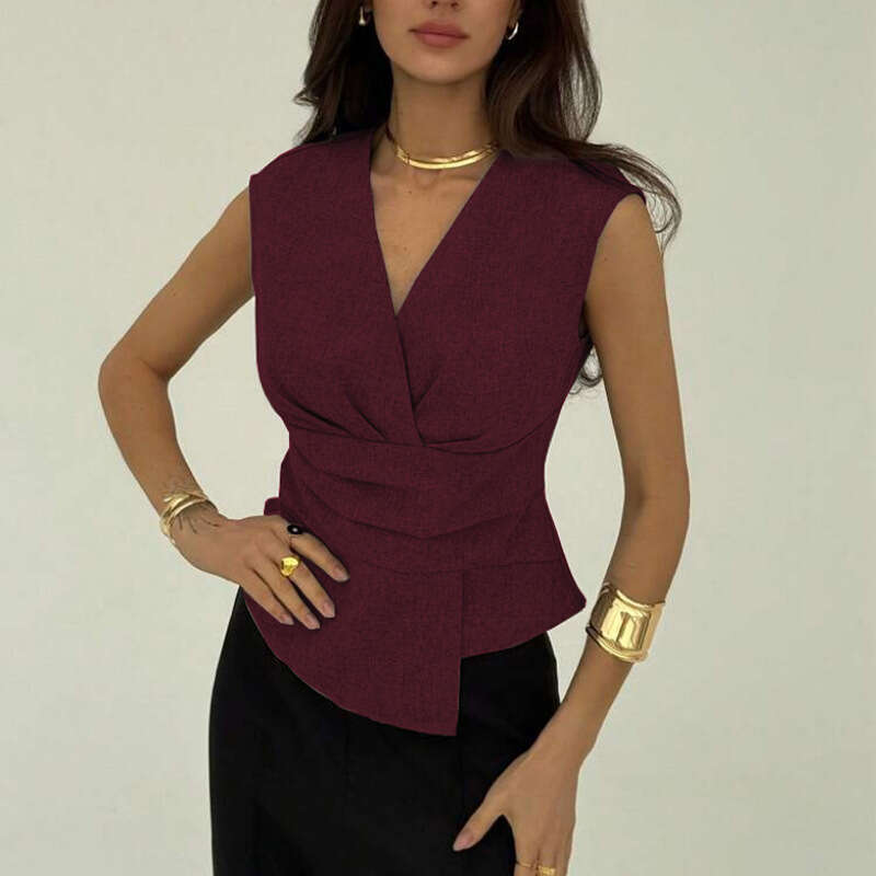 2025 European and American Cross-Border Independent Station Amazon Solid Color Small Vest Women's Elegant Sleeveless Waist-Cinching Pullover Top 