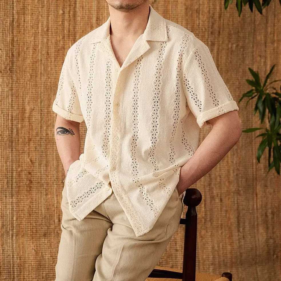 Summer thin jacket short sleeved shirt mens set light mature hollow leisure vacation Cuban collar casual shirt men X250410