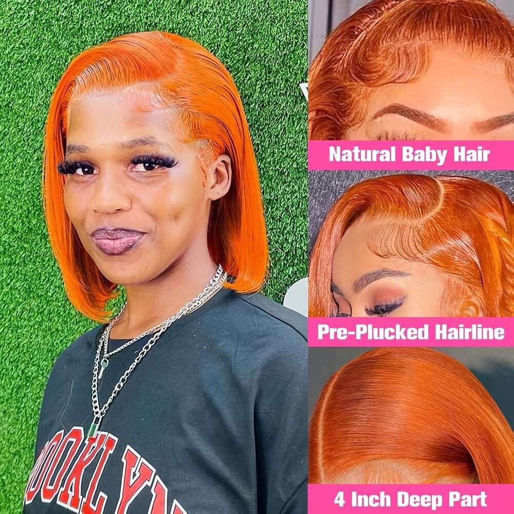 Wigs For 13X4 HD Frontal Straight Bob Orange Ginger Wig Lace Front Human Pre Plucked Hairline With Baby Hair Brazilian #350