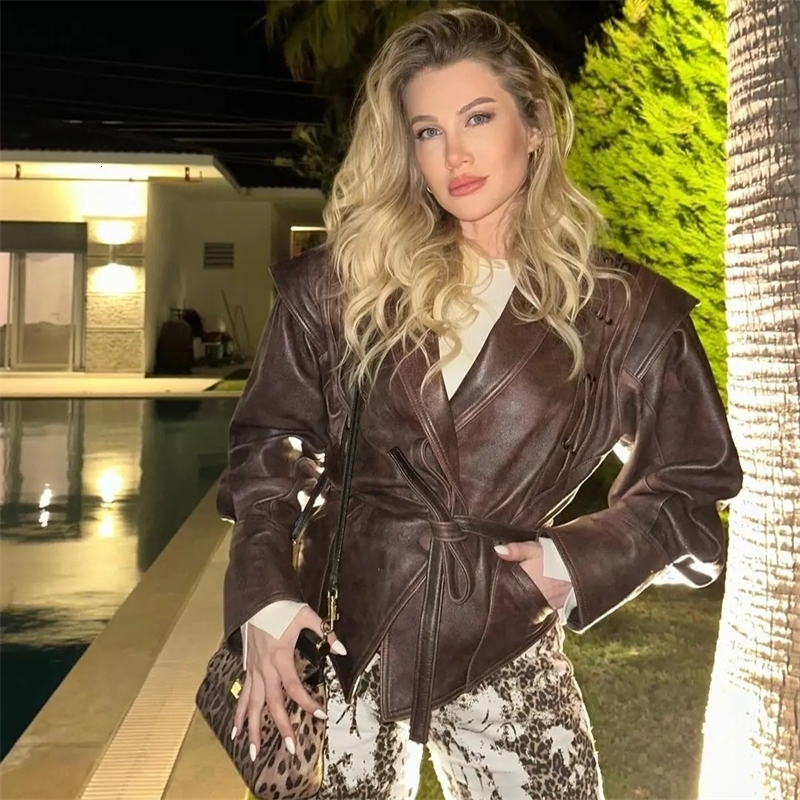 Suninheart Autumn and Winter Faux Leather Jackets for Women Dropped Shoulder Oversized Jacket Coat Belted Corset 251105