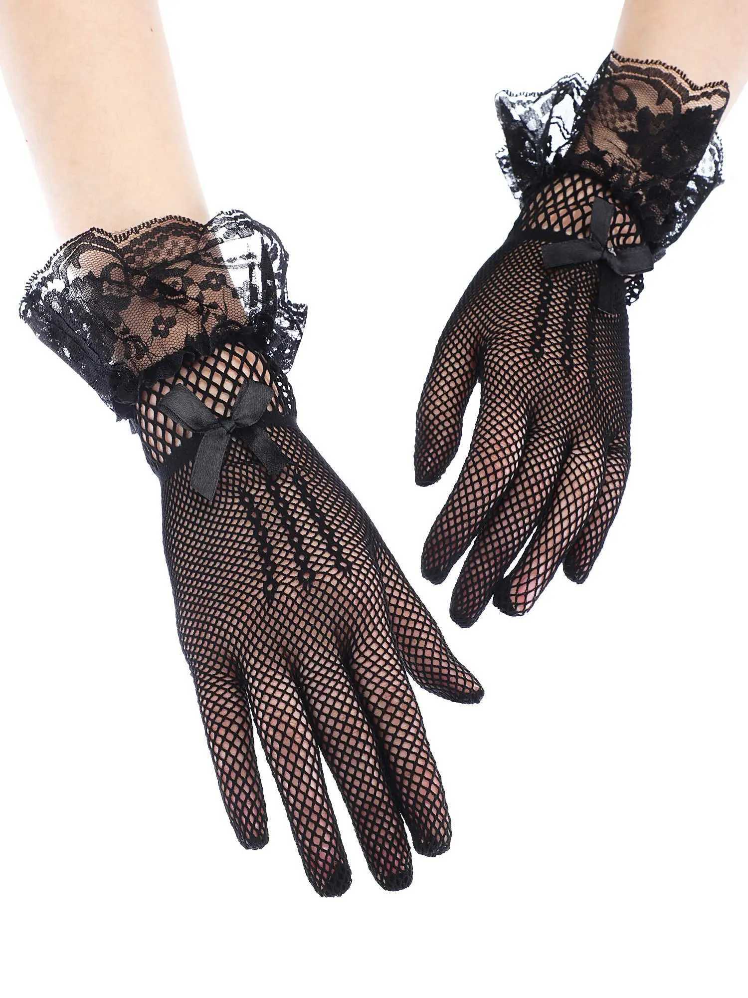 Bridal Mesh Gloves Short Full Finger Lace Trim Wedding Gloves Wrist Length Tea Party Gloves for Women and Girls L251110