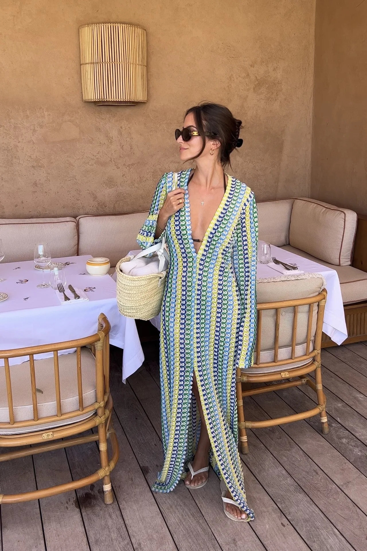 Crochet colorful striped Maxi dress womens flame sleeve V-neck high score style sexy long dress autumn beach banquet vest 250409