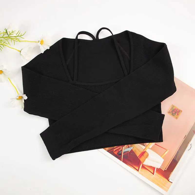 Chreisure Ribbed seamless crop womens long sleeved sports shirt elastic slimming exercise T-shirt outdoor yoga shirt gym uniformXJ250410