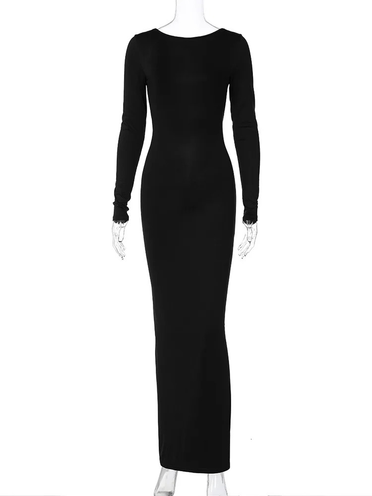 Hugcitar Spring Elegant Long Sleeve Backless Solid Cuched Sexy Bodycon Maxi Prom Dress Womens Evening Dress Party Y2K 250409