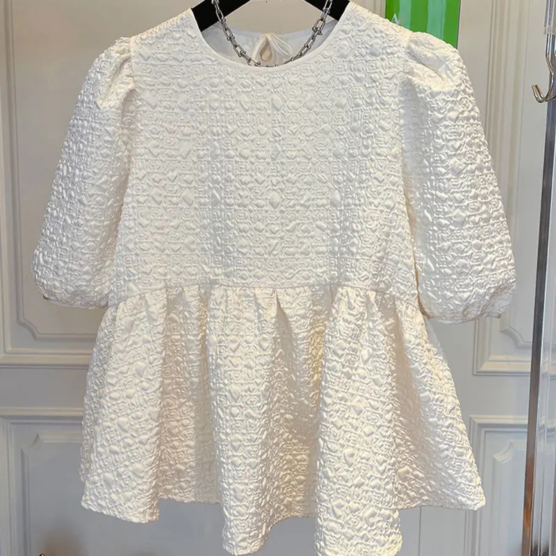 Womens clothing pleated loose pleated fashionable top summer short sleeved O-neck solid plus size casual T-shirt 250410
