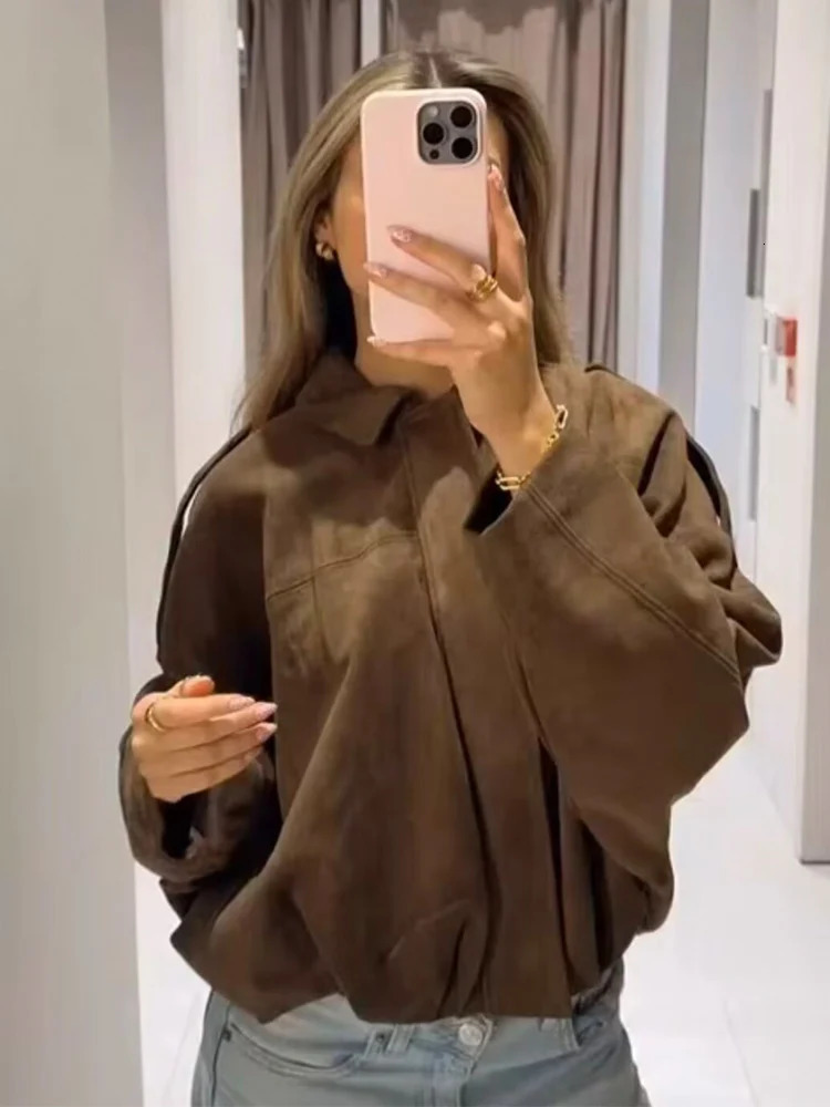 Women Green Suede Jacket Spring Fashion Long Sleeve Zipper Oversize Bomber Coat Chic Female High Street Outerwear 251110