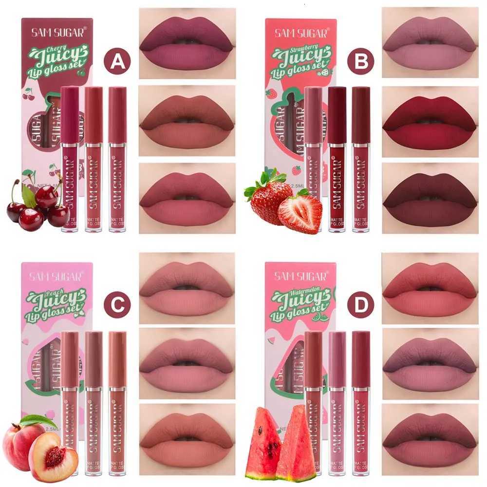 Fruit Cherry Strawberry Liquid Lipstick Makeup Kit Non Stick Cup Colorfast Long Lasting Velvet Matte Peach Lip Gloss Set 3pc/setT251110