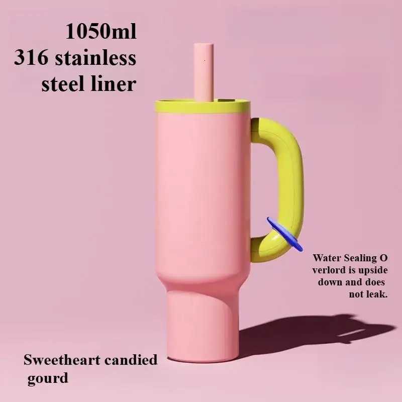 Fashionable cup 1050MLCar Thermos Cup With Straw HandleDouble Stainless Steel FlasksLarge Capacity DrinkwareOutdoor Block Water Bottle Y251110