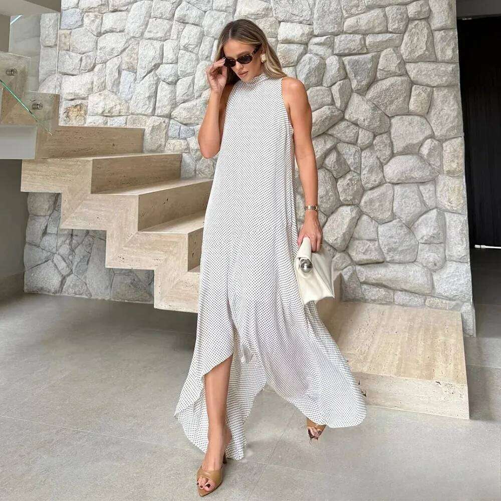 KONDALA Sexy Halter Scarf Dot Print Women Sleeveless Backless Chiffon Holiday Fashion 2025 Summer Loose Beach Dress