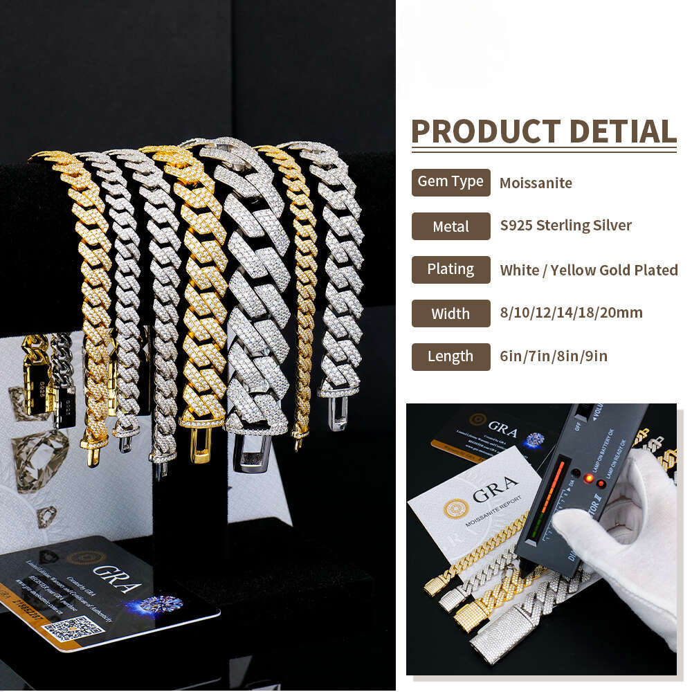 Gra Certified 8-20mm Luxury Hip Hop Jewelry 925 Silver Mens Iced Out Vvs Diamond Mossanite Moissanite Cuban Link Chain Bracelet