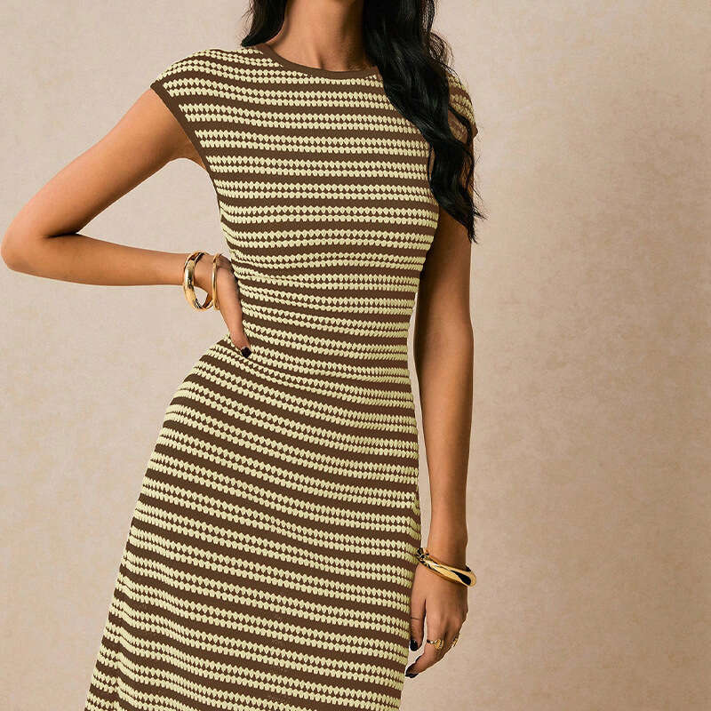 Cross-Border European and American Striped Knitted Slim Fit Slimming One-Step 2025 Autumn Foreign Trade Elegant Sleeveless Long Dress