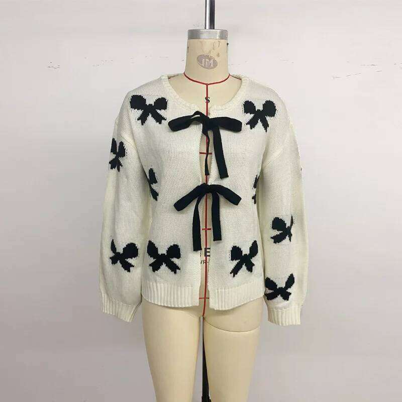 Benuynffy Bow Pattern Tie Front Short Women's Autumn Winter 2025 Fashion Y2k Long Sleeve Knitted Sweater Cardigan Designer Sweater Women
