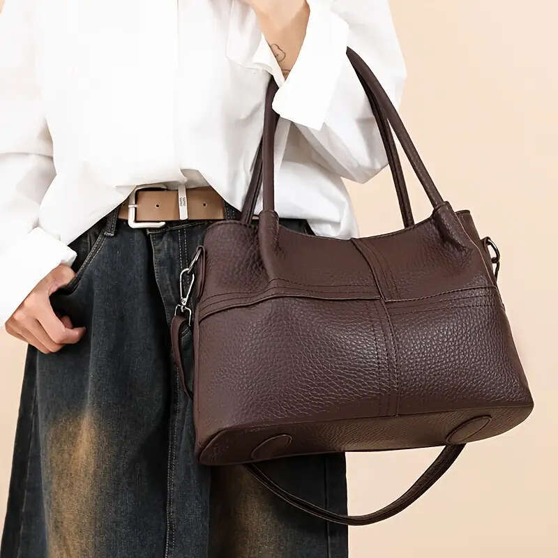 Black Lychee Pattern Women's Handbag, Dual-purpose Tote Crossbody, Large Capacity Multi-compartment Moms - Vintage Texture Shoulder Bag Suitable 